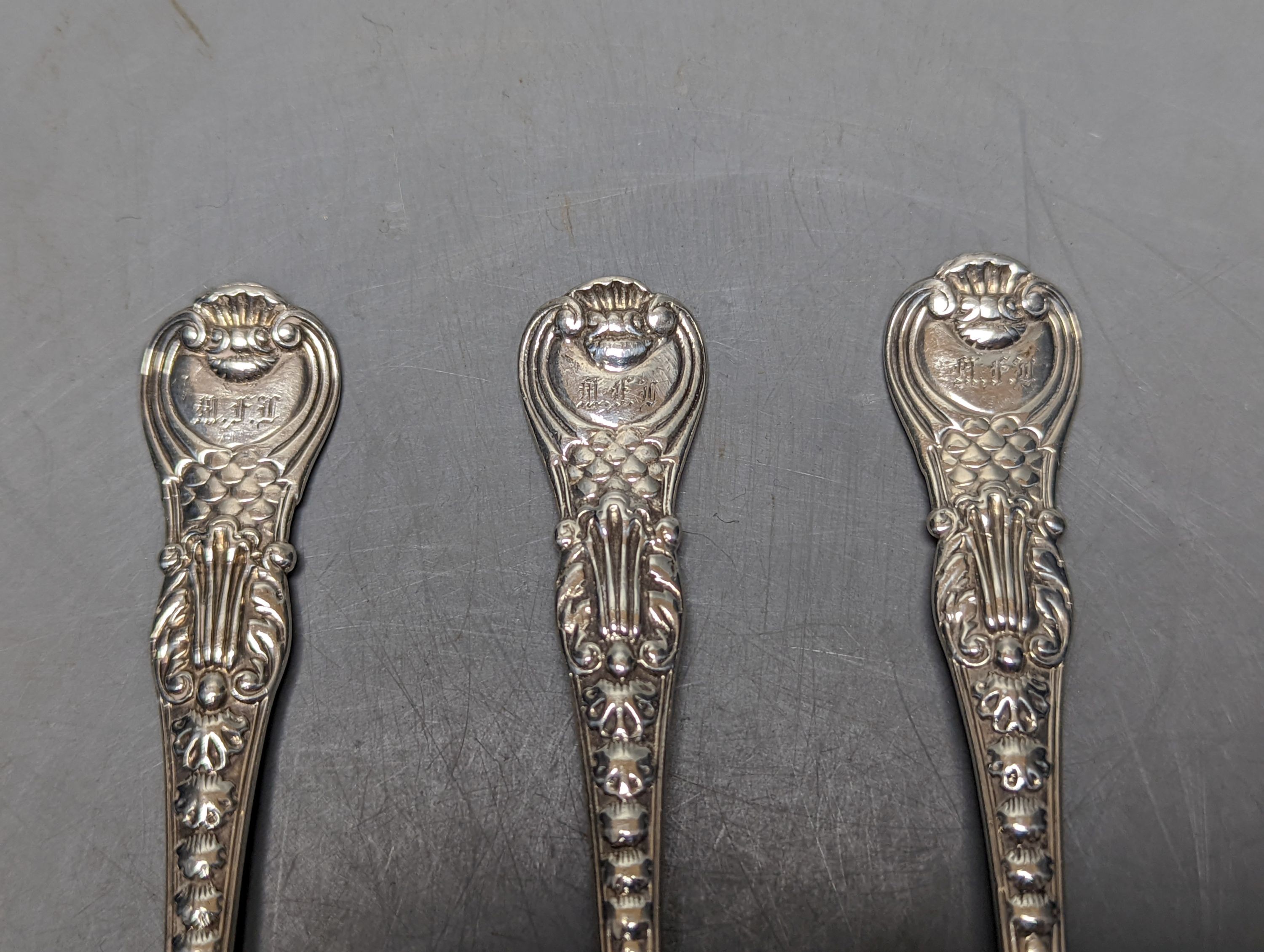 A set of three George III silver Coburg pattern teaspoons, by Paul Storr, London, 1818, 14.3cm, 117 grams.